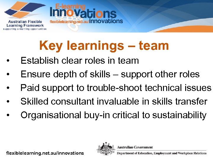 Key learnings – team • • • Establish clear roles in team Ensure depth