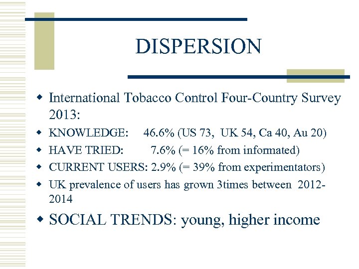 DISPERSION w International Tobacco Control Four-Country Survey 2013: w w KNOWLEDGE: 46. 6% (US