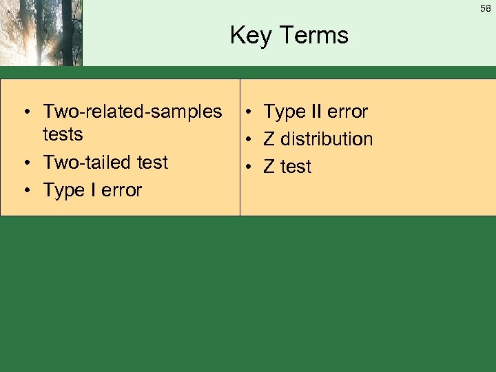 58 Key Terms • Two-related-samples tests • Two-tailed test • Type I error •