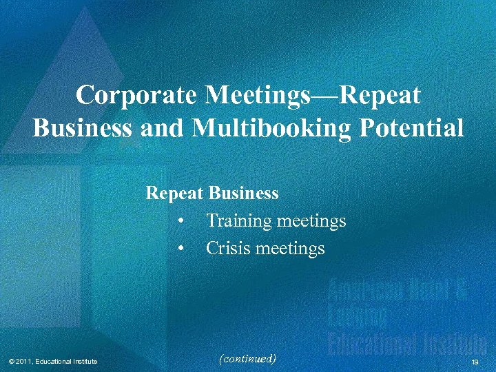 Corporate Meetings—Repeat Business and Multibooking Potential Repeat Business • Training meetings • Crisis meetings