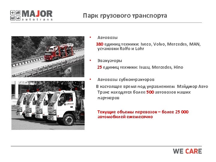 Парк грузового транспорта • Автовозы 380 единиц техники: Iveco, Volvo, Mercedes, MAN, установки Rolfo