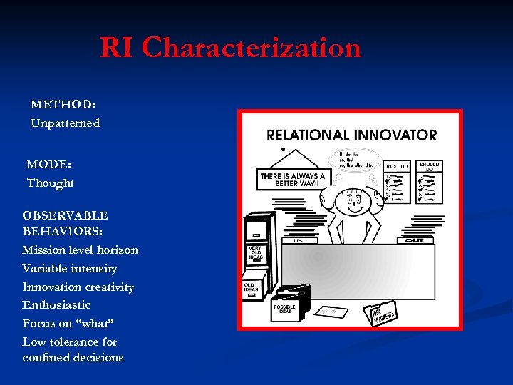 RI Characterization METHOD: Unpatterned MODE: Thought OBSERVABLE BEHAVIORS: Mission level horizon Variable intensity Innovation