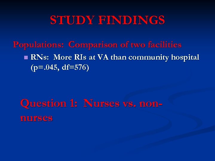 STUDY FINDINGS Populations: Comparison of two facilities n RNs: More RIs at VA than