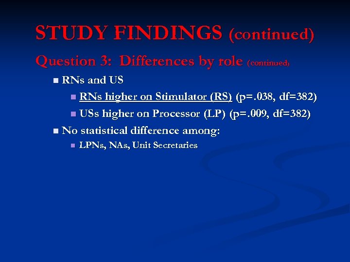 STUDY FINDINGS (continued) Question 3: Differences by role (continued ) n RNs and US