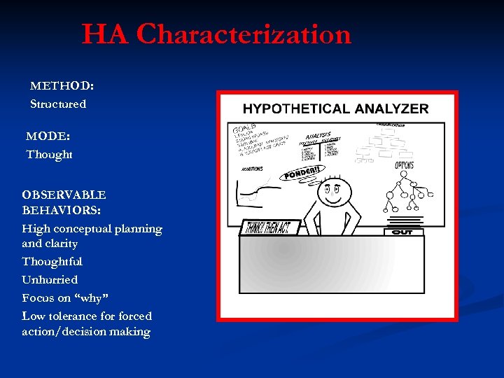 HA Characterization METHOD: Structured MODE: Thought OBSERVABLE BEHAVIORS: High conceptual planning and clarity Thoughtful