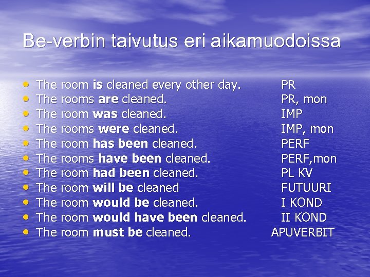 Be-verbin taivutus eri aikamuodoissa • • • The room is cleaned every other day.