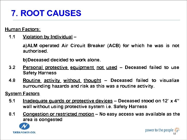 7. ROOT CAUSES Human Factors: 1. 1 Violation by Individual – a)ALM operated Air