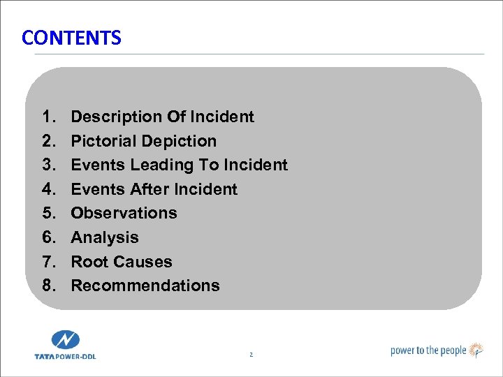 CONTENTS 1. 2. 3. 4. 5. 6. 7. 8. Description Of Incident Pictorial Depiction