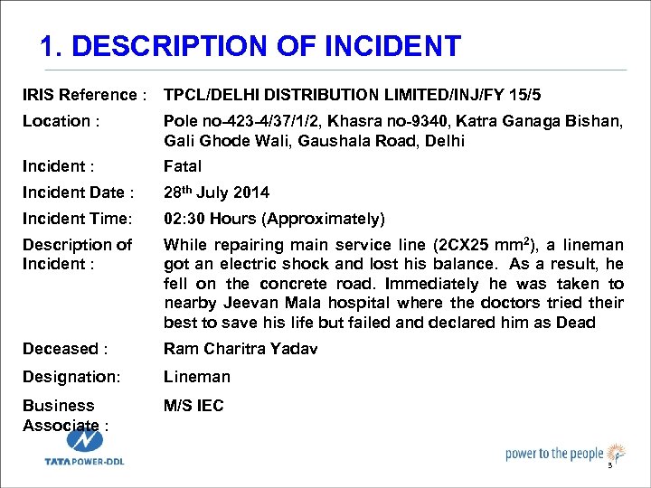 1. DESCRIPTION OF INCIDENT IRIS Reference : TPCL/DELHI DISTRIBUTION LIMITED/INJ/FY 15/5 Location : Pole