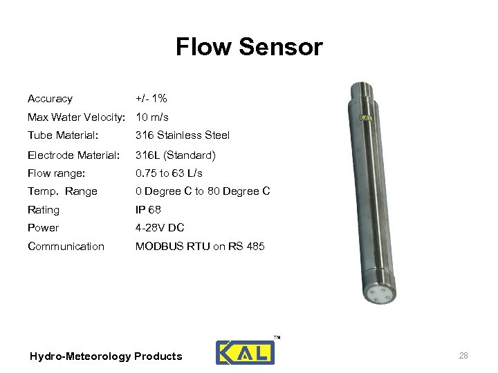 Flow Sensor Accuracy +/- 1% Max Water Velocity: 10 m/s Tube Material: 316 Stainless
