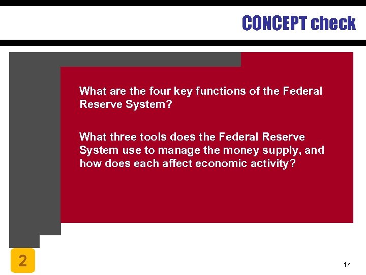 CONCEPT check What are the four key functions of the Federal Reserve System? What