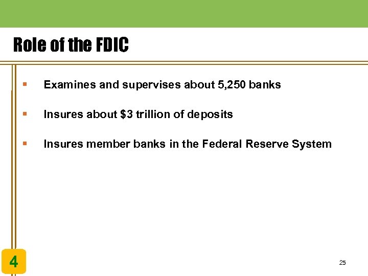 Role of the FDIC § § Insures about $3 trillion of deposits § 4