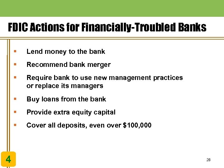FDIC Actions for Financially-Troubled Banks § § Recommend bank merger § Require bank to