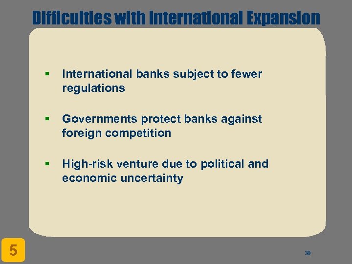 Difficulties with International Expansion § § Governments protect banks against foreign competition § 5
