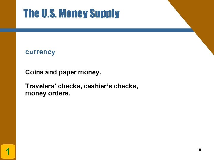 The U. S. Money Supply currency Coins and paper money. Travelers’ checks, cashier’s checks,