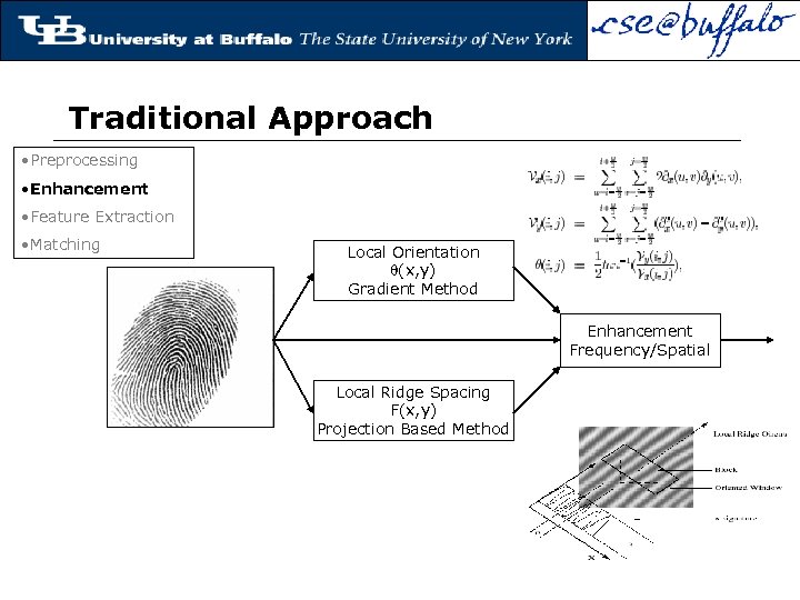 Traditional Approach • Preprocessing • Enhancement • Feature Extraction • Matching Local Orientation (x,