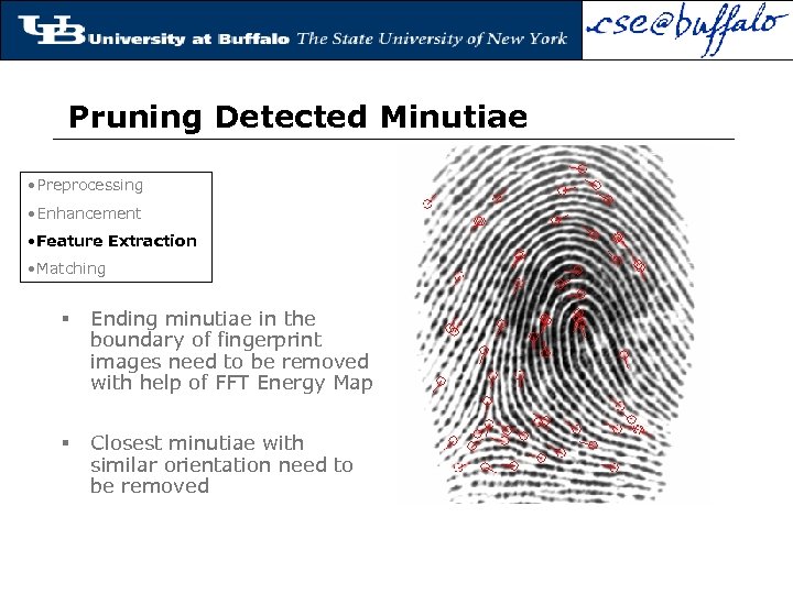 Pruning Detected Minutiae • Preprocessing • Enhancement • Feature Extraction • Matching § Ending