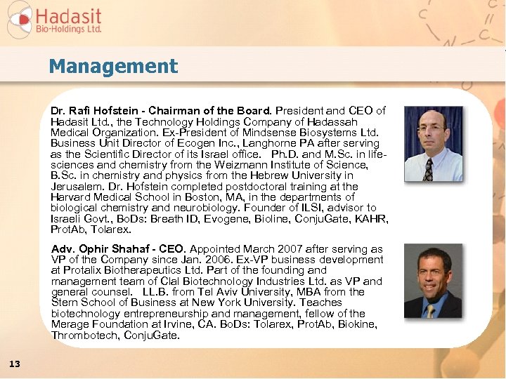 Management Dr. Rafi Hofstein - Chairman of the Board. President and CEO of Hadasit