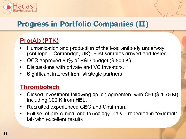 Progress in Portfolio Companies (II) Prot. Ab (PTK) • Humanization and production of the