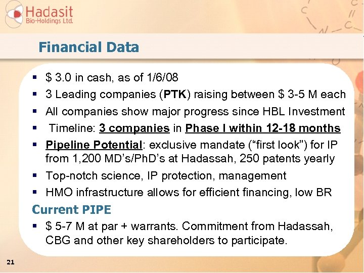 Financial Data § § § $ 3. 0 in cash, as of 1/6/08 3