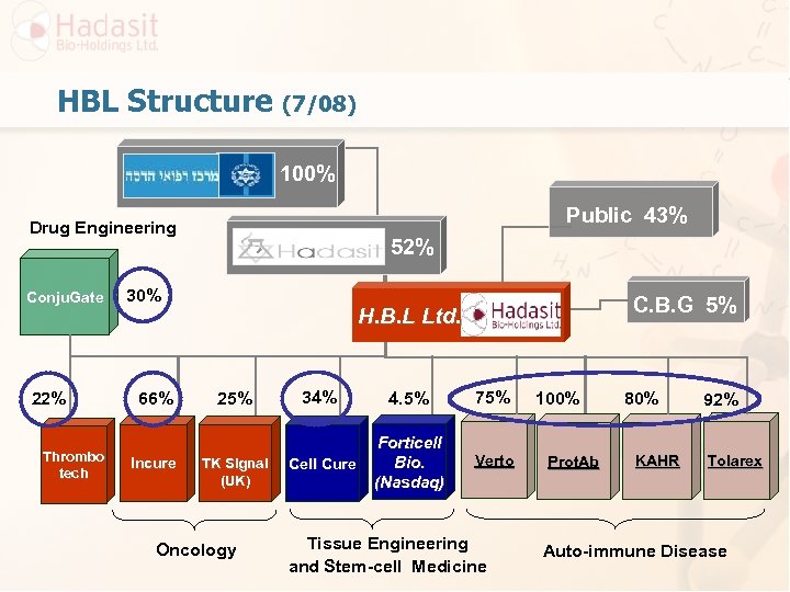 HBL Structure (7/08) 100% Public 43% Drug Engineering Conju. Gate 22% Thrombo tech 52%