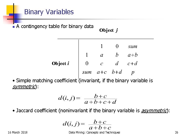 Binary Variables n A contingency table for binary data Object j Object i •