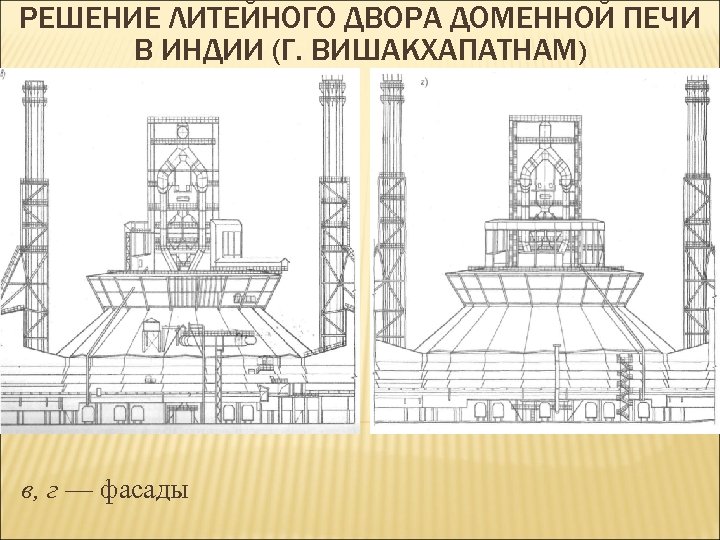 РЕШЕНИЕ ЛИТЕЙНОГО ДВОРА ДОМЕННОЙ ПЕЧИ В ИНДИИ (Г. ВИШАКХАПАТНАМ) в, г — фасады 