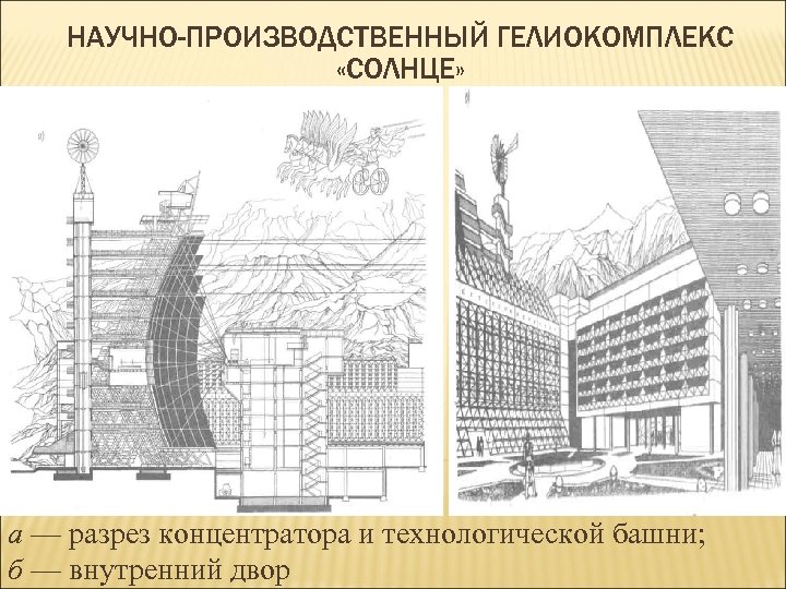 НАУЧНО-ПРОИЗВОДСТВЕННЫЙ ГЕЛИОКОМПЛЕКС «СОЛНЦЕ» а — разрез концентратора и технологической башни; б — внутренний двор