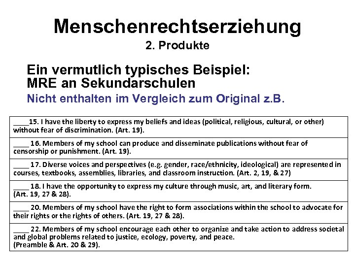 Menschenrechtserziehung 2. Produkte Ein vermutlich typisches Beispiel: MRE an Sekundarschulen Nicht enthalten im Vergleich