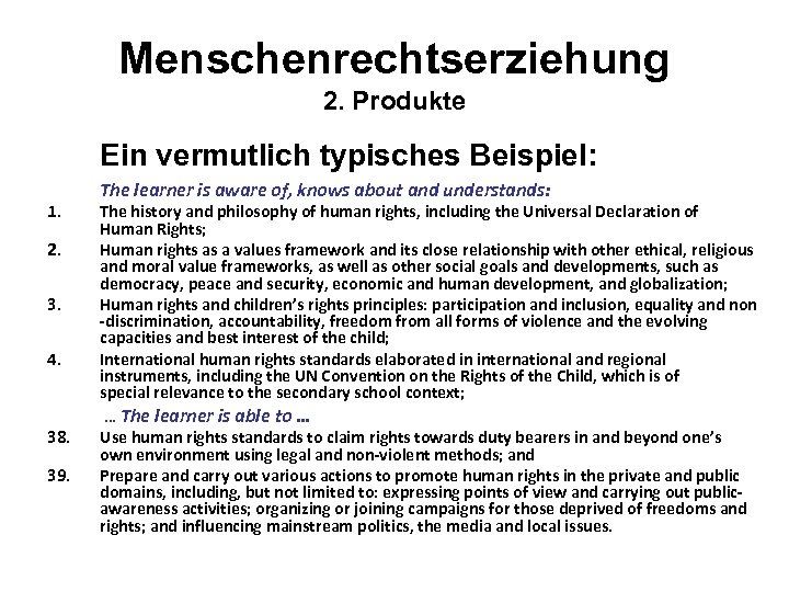 Menschenrechtserziehung 2. Produkte Ein vermutlich typisches Beispiel: 1. 2. 3. 4. 38. 39. The