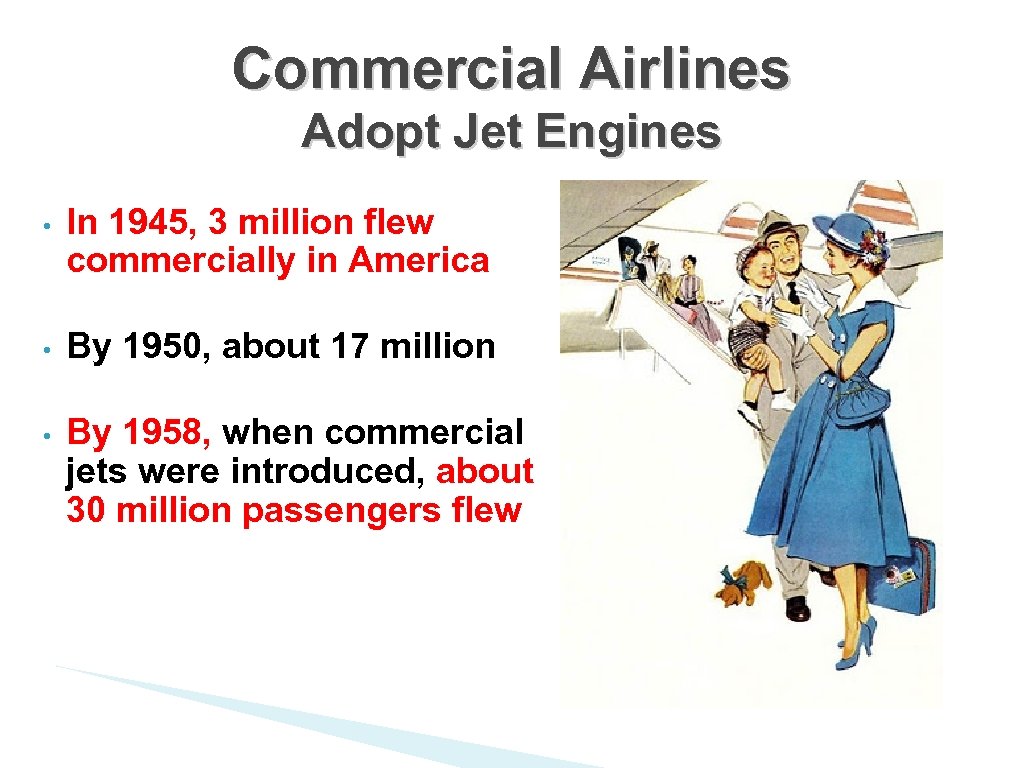 Commercial Airlines Adopt Jet Engines • In 1945, 3 million flew commercially in America