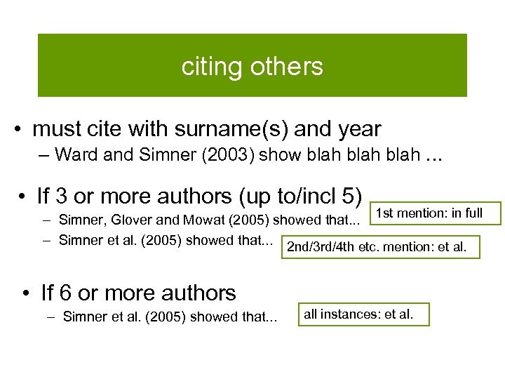 citing others • must cite with surname(s) and year – Ward and Simner (2003)