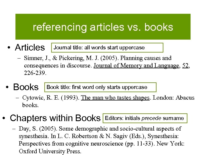 referencing articles vs. books • Articles Journal title: all words start uppercase – Simner,