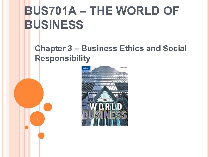 BUS 701 A – THE WORLD OF BUSINESS Chapter 3 – Business Ethics and