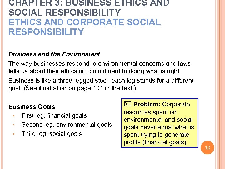 CHAPTER 3: BUSINESS ETHICS AND SOCIAL RESPONSIBILITY ETHICS AND CORPORATE SOCIAL RESPONSIBILITY Business and