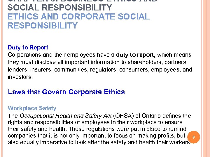 CHAPTER 3: BUSINESS ETHICS AND SOCIAL RESPONSIBILITY ETHICS AND CORPORATE SOCIAL RESPONSIBILITY Duty to