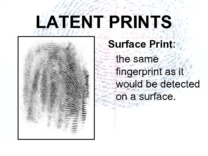 LATENT PRINTS Surface Print: the same fingerprint as it would be detected on a
