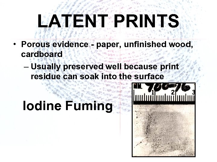 LATENT PRINTS • Porous evidence - paper, unfinished wood, cardboard – Usually preserved well