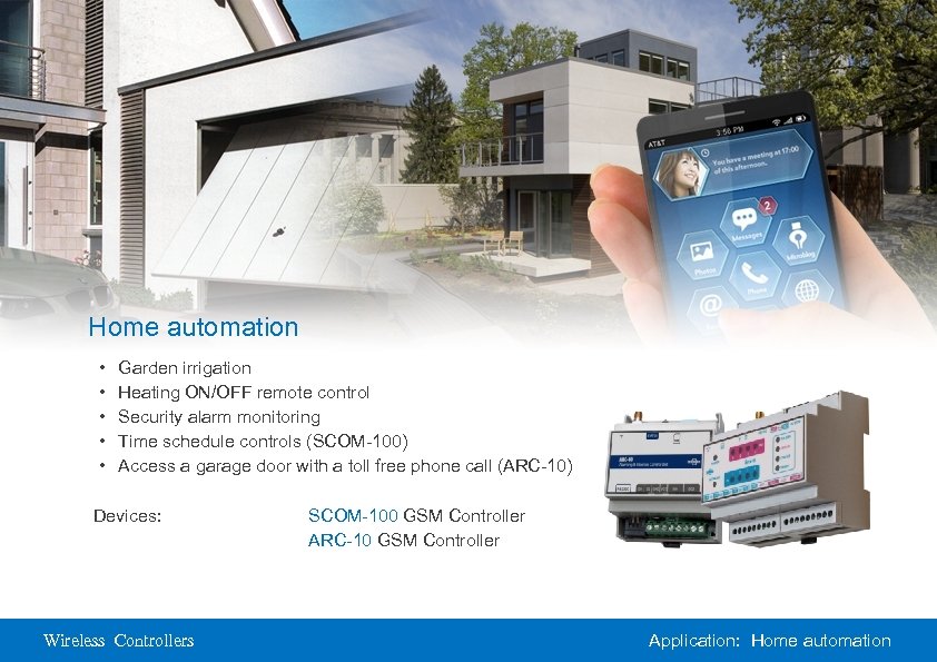 Home automation • • • Garden irrigation Heating ON/OFF remote control Security alarm monitoring