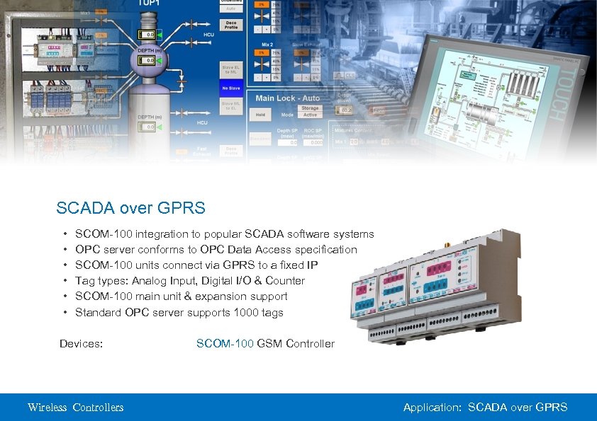 SCADA over GPRS • • • SCOM-100 integration to popular SCADA software systems OPC