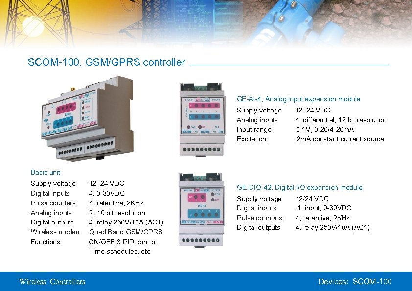 SCOM-100, GSM/GPRS controller GE-AI-4, Analog input expansion module Supply voltage Analog inputs Input range: