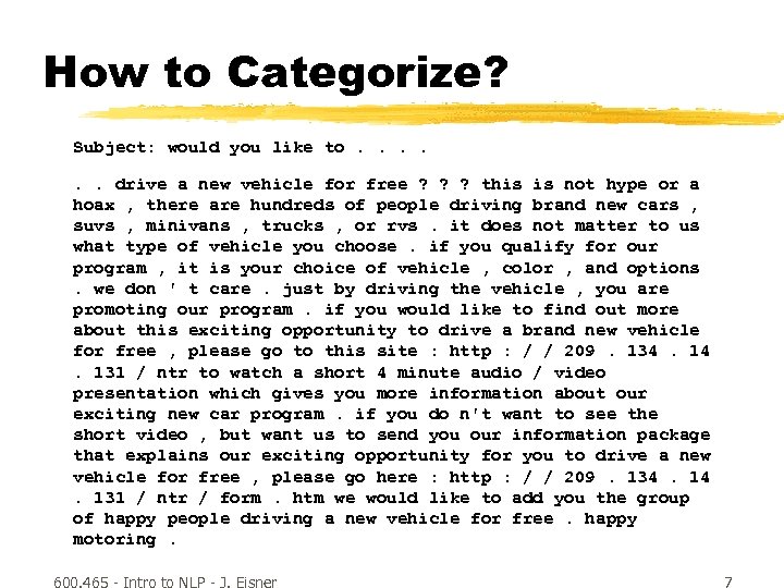 How to Categorize? Subject: would you like to. . drive a new vehicle for