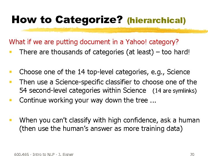 How to Categorize? (hierarchical) What if we are putting document in a Yahoo! category?