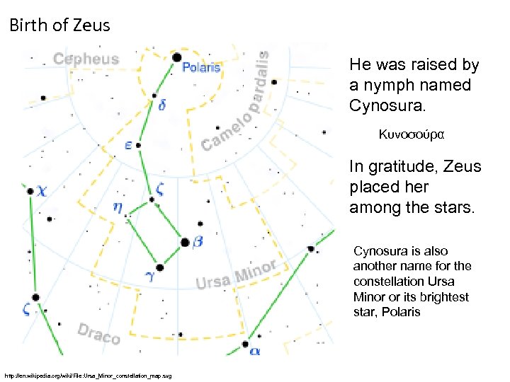 Birth of Zeus He was raised by a nymph named Cynosura. Κυνοσούρα In gratitude,