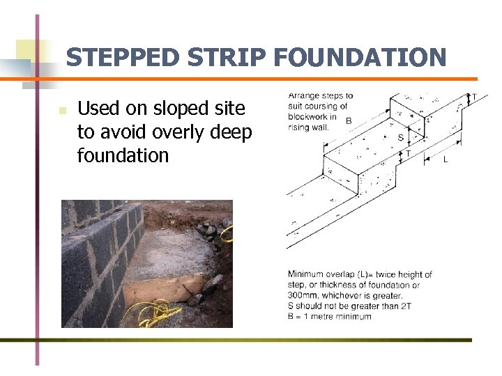 STEPPED STRIP FOUNDATION n Used on sloped site to avoid overly deep foundation 