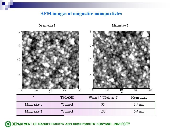 AFM images of magnetite nanoparticles Magnetite 1 Magnetite 2 ` TMAOH [Water] / [Oleic