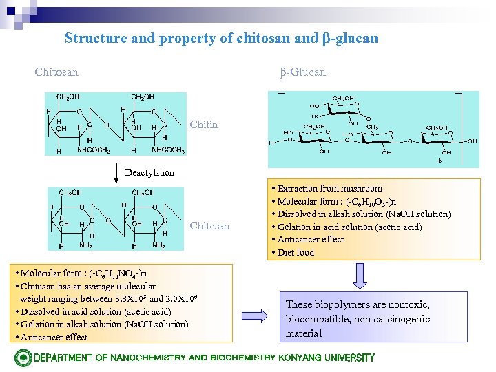 Structure and property of chitosan and β-glucan Chitosan β-Glucan Chitin Deactylation Chitosan • Molecular
