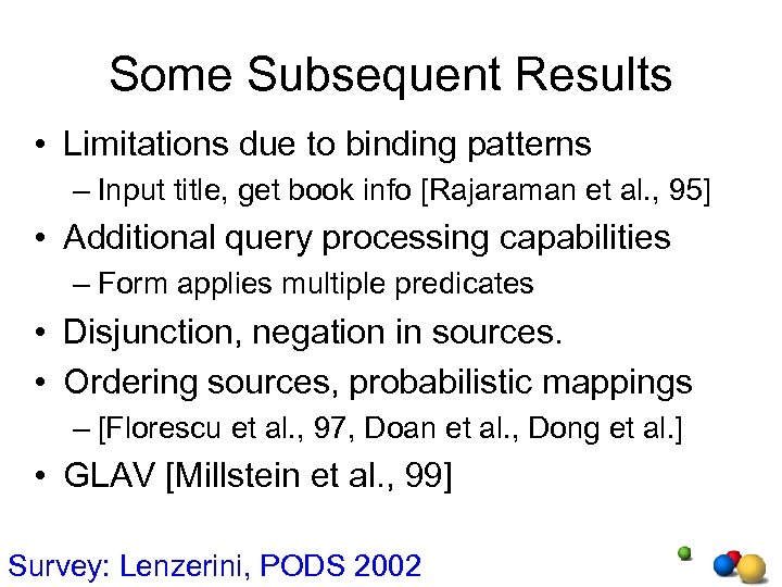 Some Subsequent Results • Limitations due to binding patterns – Input title, get book
