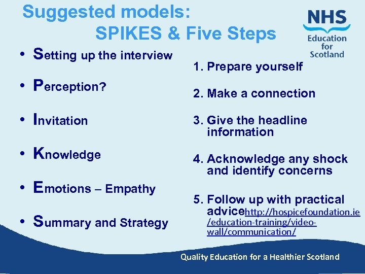 Suggested models: SPIKES & Five Steps • Setting up the interview • Perception? •