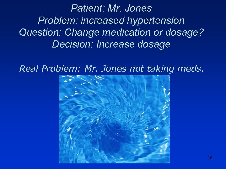 Patient: Mr. Jones Problem: increased hypertension Question: Change medication or dosage? Decision: Increase dosage